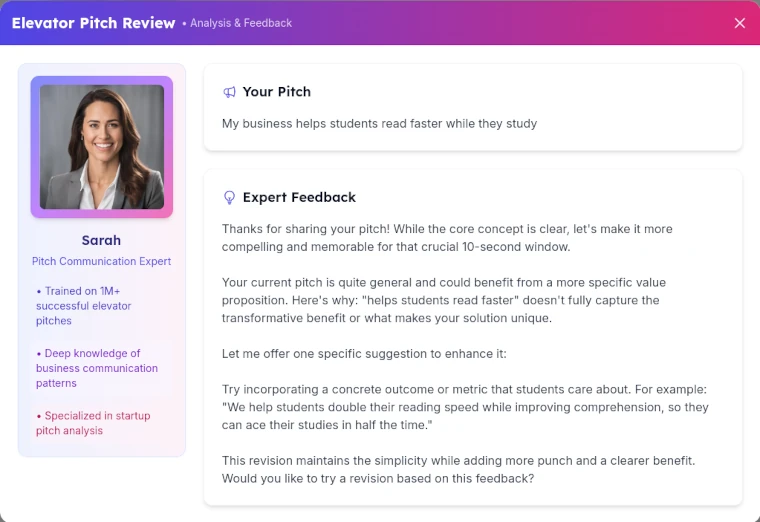 Interactive interface showing Sarah, the AI pitch coach, providing feedback