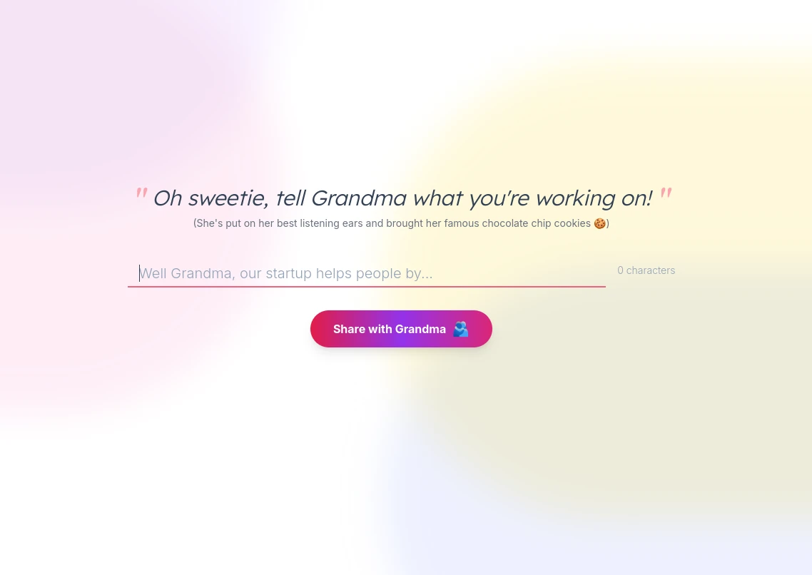 Grandma's cozy kitchen interface where you practice your pitch