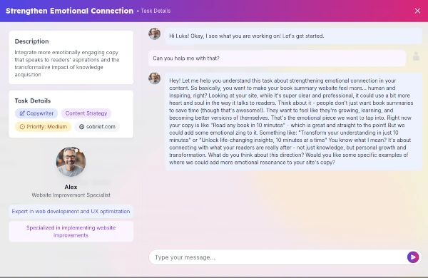 Interactive chat interface showing AI-powered website feedback