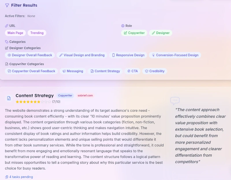 Website Analysis Dashboard showing design and copy feedback